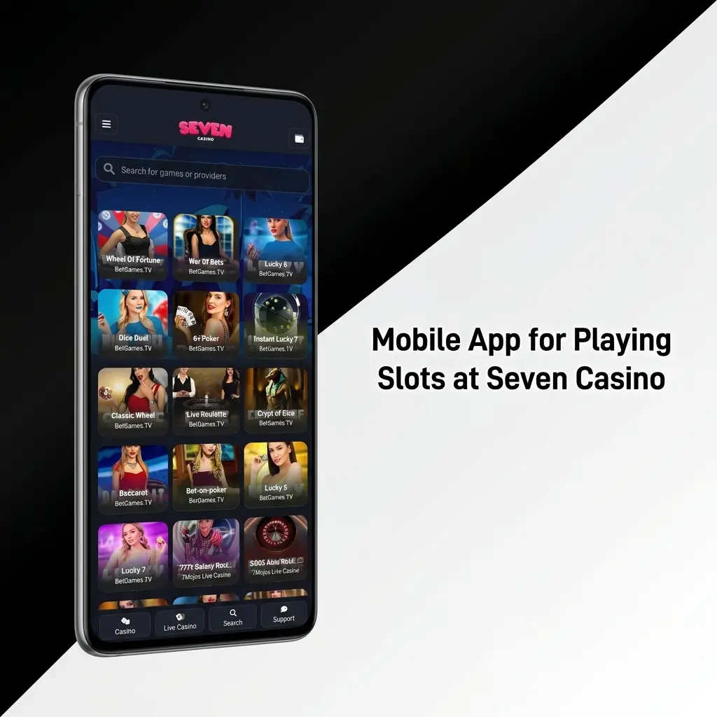 Seven Casino mobile app interface showing slots lobby on a smartphone with navigation controls and game browser