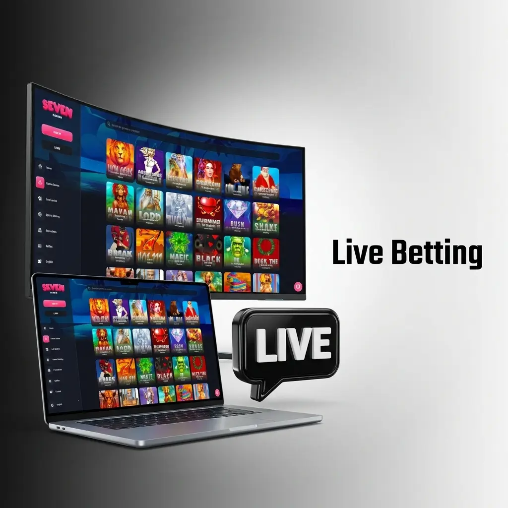 Live betting interface at Seven Casino showing real-time odds, score tracker, and in-play markets across football, tennis and more