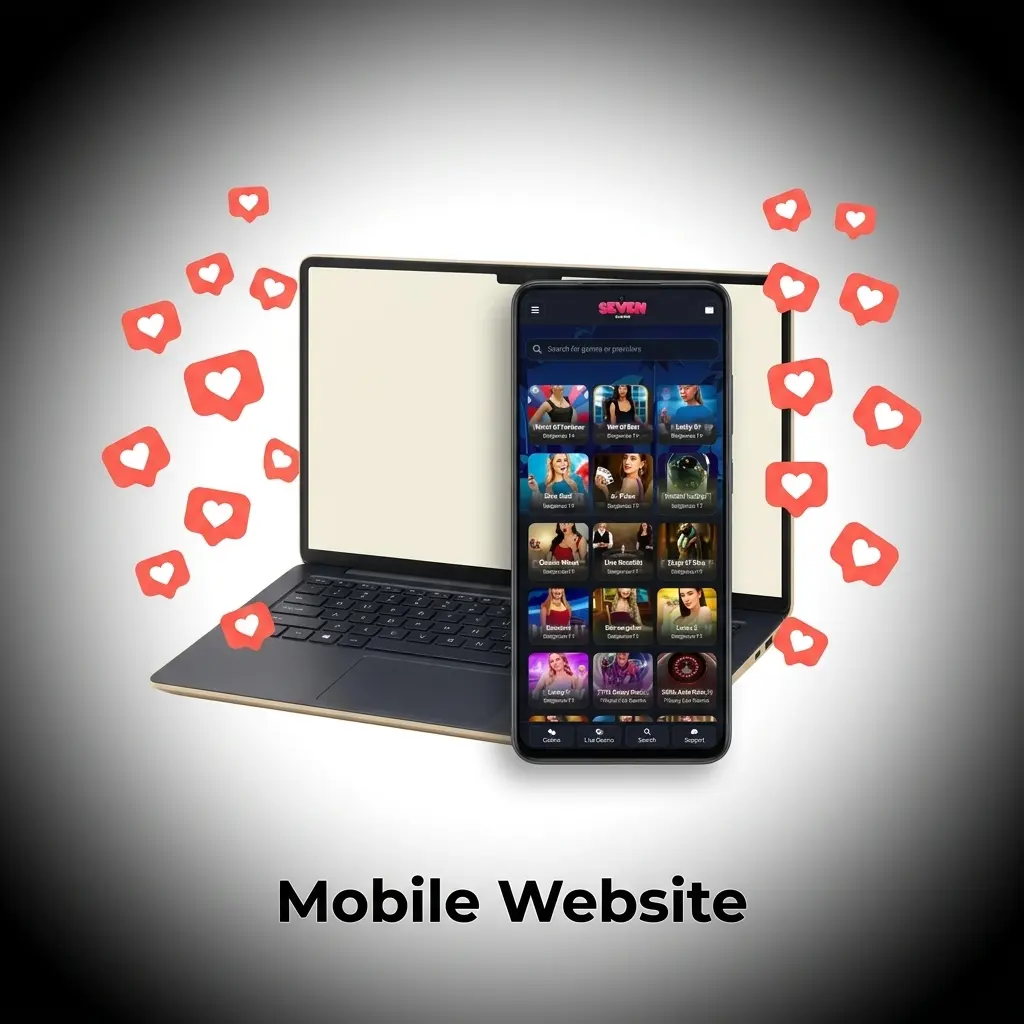Seven Casino mobile website on iOS and Android browser with full access to sportsbook, casino games, and payments