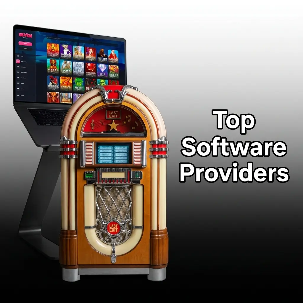 Licensed game studio logos including Pragmatic Play, NetEnt, Evolution Gaming and Play'n GO at Seven Casino