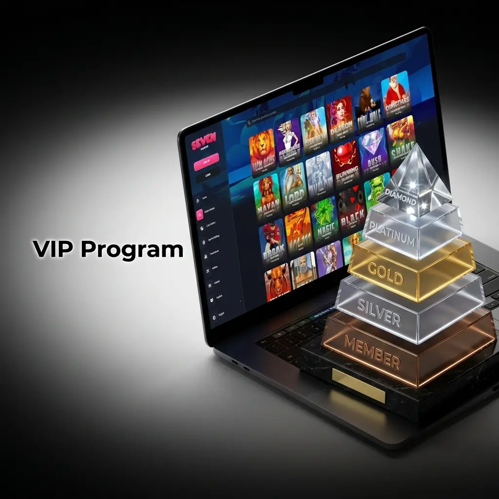 Seven Casino tiered VIP programme showing Bronze, Silver, Gold, Platinum and Diamond loyalty levels with rewards