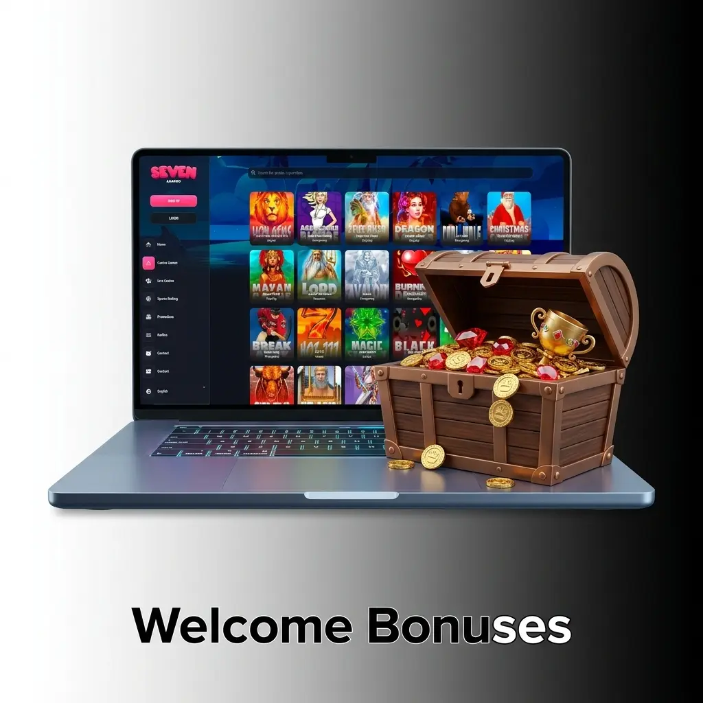 Seven Casino welcome bonus table showing 4-deposit package up to £6,500 and 450% for new UK players